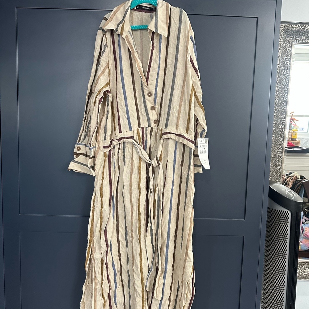 NWT Zara Beige and Burgundy Striped Dress